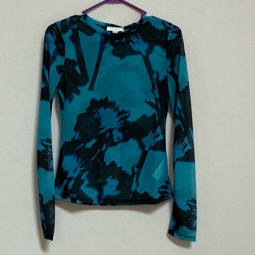 Topshop long sleeve mesh top in Blue Teal and Black Floral Top New with Tags